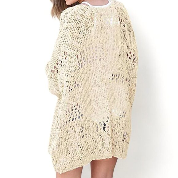 Cream Casual Hollowed Knit Dolman Sleeve Cardigan - Picture 3 of 11